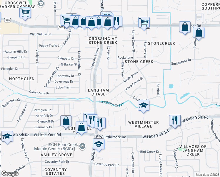 map of restaurants, bars, coffee shops, grocery stores, and more near 6514 Broken Stone in Houston