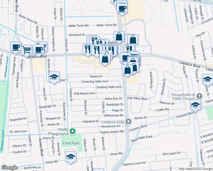 map of restaurants, bars, coffee shops, grocery stores, and more near 5057 Dueling Oaks Avenue in Marrero