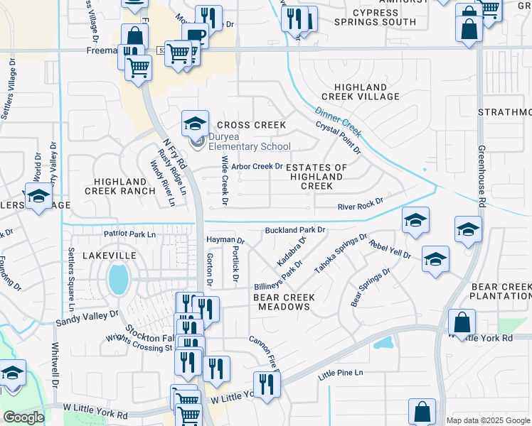 map of restaurants, bars, coffee shops, grocery stores, and more near 20007 Cresent Creek Drive in Katy