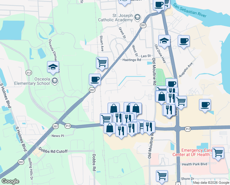 map of restaurants, bars, coffee shops, grocery stores, and more near 290 Sunrise Boulevard in St. Augustine