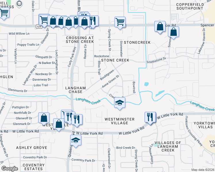 map of restaurants, bars, coffee shops, grocery stores, and more near 16851 Anna Green Street in Houston