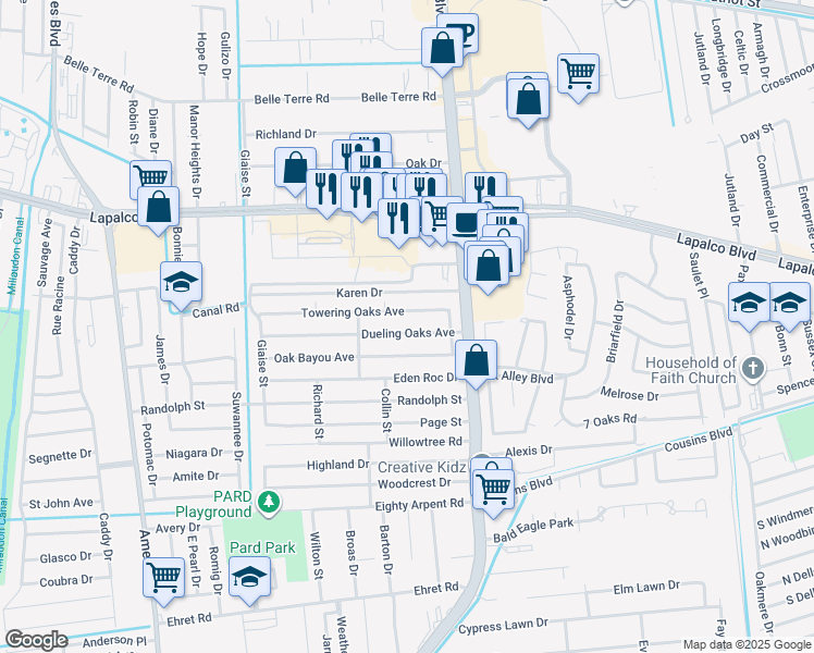 map of restaurants, bars, coffee shops, grocery stores, and more near 5057 Dueling Oaks Avenue in Marrero