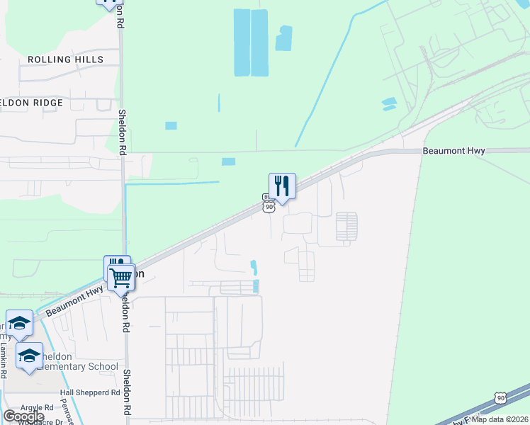 map of restaurants, bars, coffee shops, grocery stores, and more near 17928 Beaumont Highway in Houston