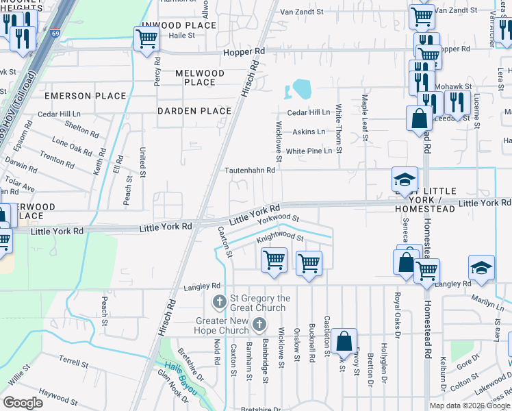map of restaurants, bars, coffee shops, grocery stores, and more near 5303 Little York Road in Houston