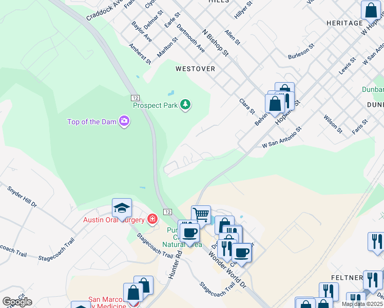 map of restaurants, bars, coffee shops, grocery stores, and more near 1712 Hofheinz Street in San Marcos