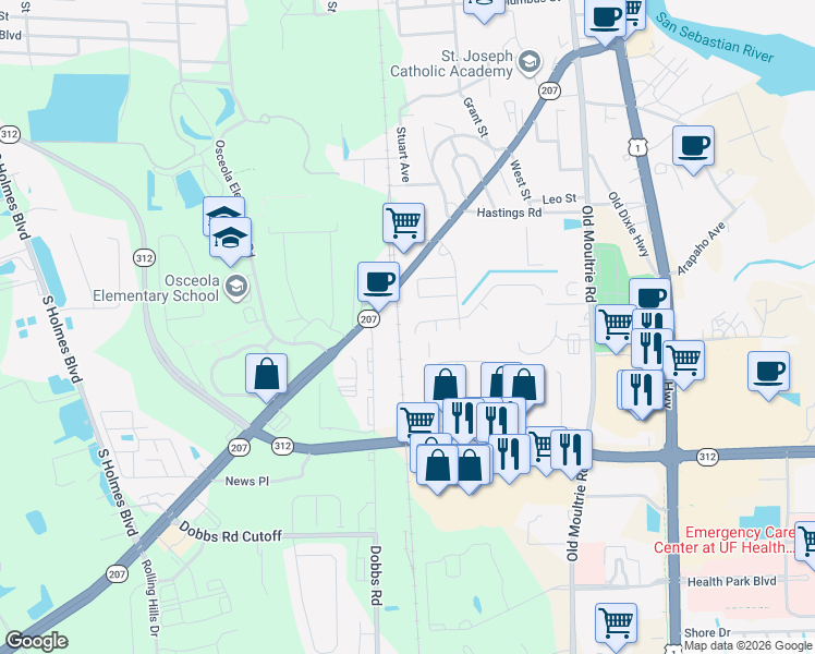 map of restaurants, bars, coffee shops, grocery stores, and more near 305 Las Olas Road in St. Augustine