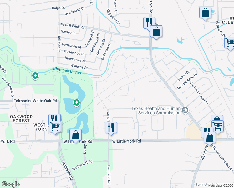 map of restaurants, bars, coffee shops, grocery stores, and more near 8715 Landwood Drive in Houston