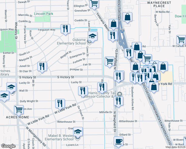 map of restaurants, bars, coffee shops, grocery stores, and more near 778 North Victory Drive in Houston