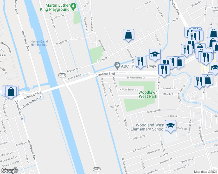map of restaurants, bars, coffee shops, grocery stores, and more near 2508 Orbit Court in Harvey