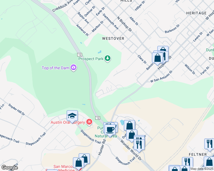 map of restaurants, bars, coffee shops, grocery stores, and more near 1712 Hofheinz Street in San Marcos