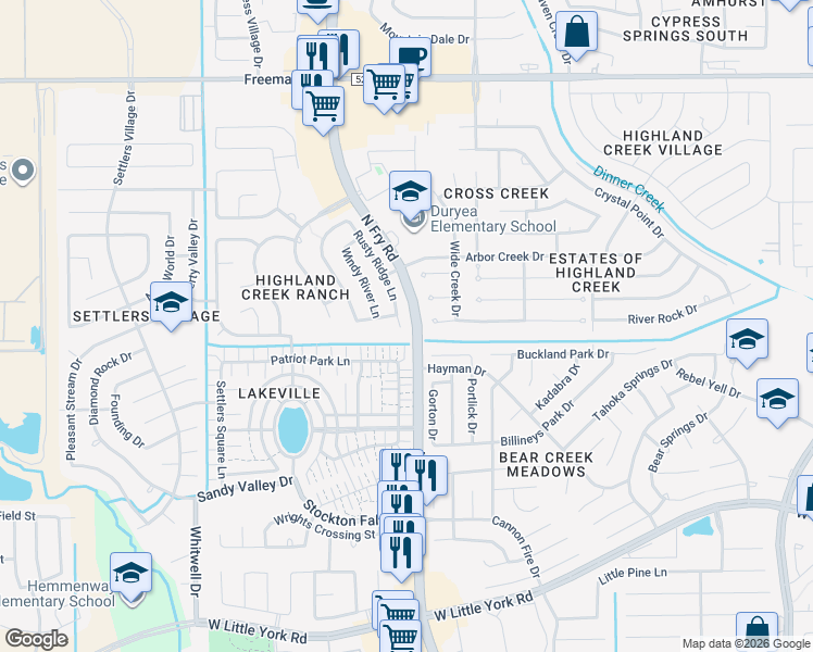map of restaurants, bars, coffee shops, grocery stores, and more near 6606 Rusty Ridge Lane in Katy