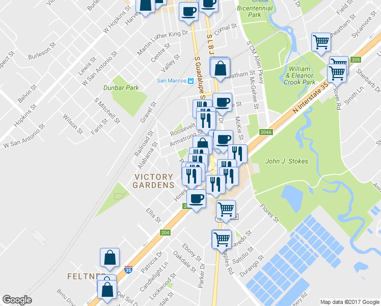 map of restaurants, bars, coffee shops, grocery stores, and more near 211 Knox Street in San Marcos