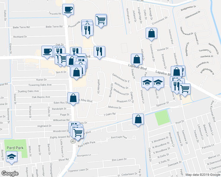 map of restaurants, bars, coffee shops, grocery stores, and more near 18 Briarfield Drive in Marrero