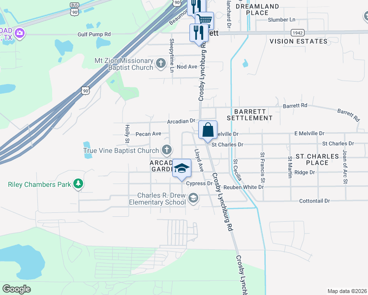 map of restaurants, bars, coffee shops, grocery stores, and more near 255 West Saint Charles Drive in Crosby