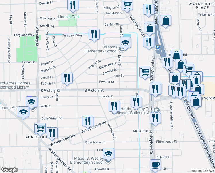 map of restaurants, bars, coffee shops, grocery stores, and more near 843S South Victory Drive in Houston