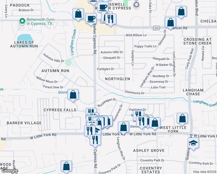 map of restaurants, bars, coffee shops, grocery stores, and more near 17823 Glenmorris Drive in Houston