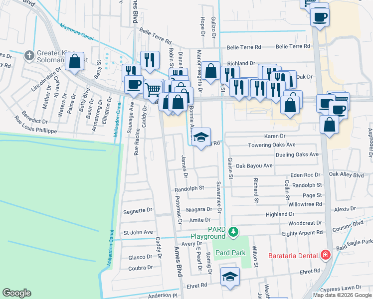 map of restaurants, bars, coffee shops, grocery stores, and more near 2008 Bonnie Ann Drive in Marrero