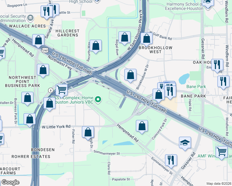map of restaurants, bars, coffee shops, grocery stores, and more near 15501 Northwest Freeway in Jersey Village
