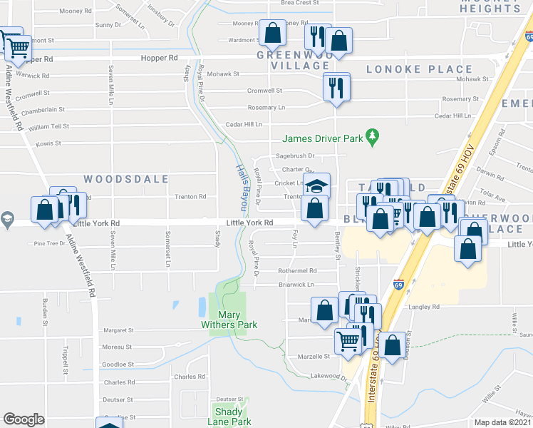 map of restaurants, bars, coffee shops, grocery stores, and more near 2916 Barksdale Drive in Houston
