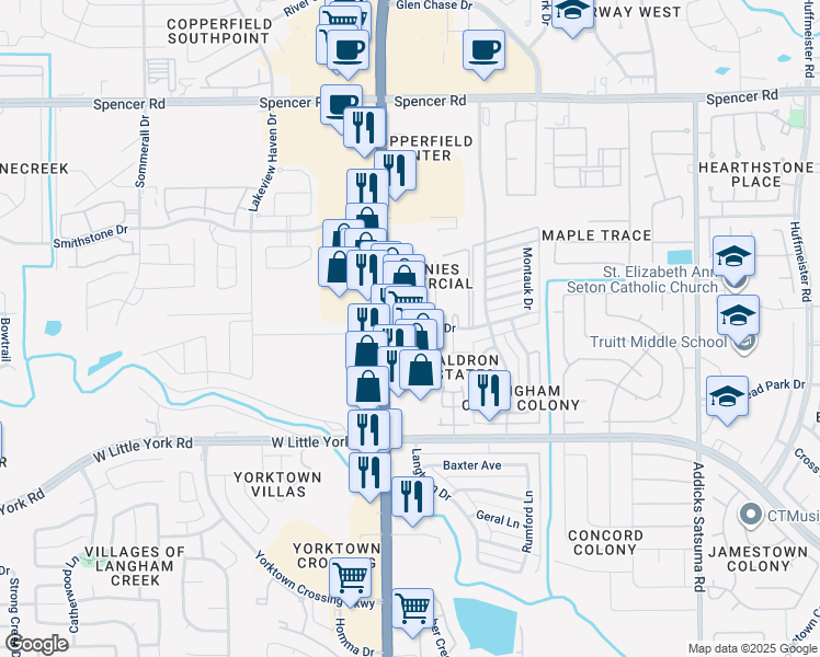 map of restaurants, bars, coffee shops, grocery stores, and more near 15550 Kingfield Drive in Houston