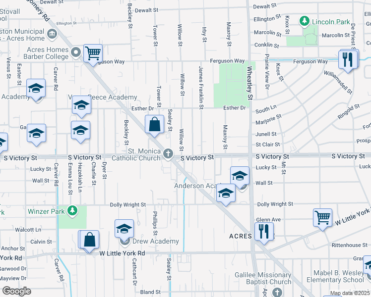 map of restaurants, bars, coffee shops, grocery stores, and more near 7700 Willow Street in Houston