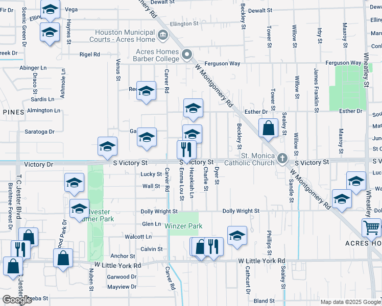 map of restaurants, bars, coffee shops, grocery stores, and more near 2100 South Victory Street in Houston