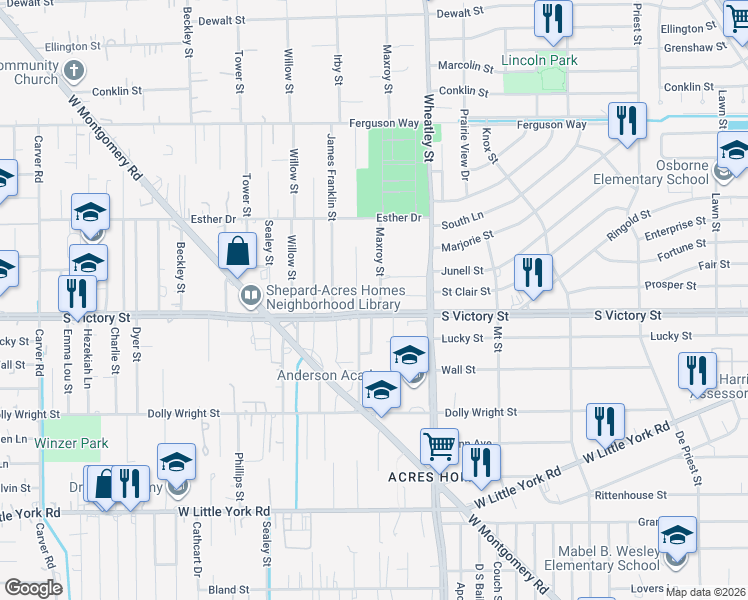 map of restaurants, bars, coffee shops, grocery stores, and more near 1202 South Victory Drive in Houston
