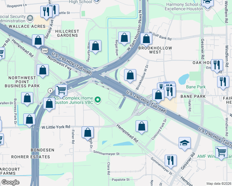 map of restaurants, bars, coffee shops, grocery stores, and more near 15501 Northwest Freeway in Jersey Village