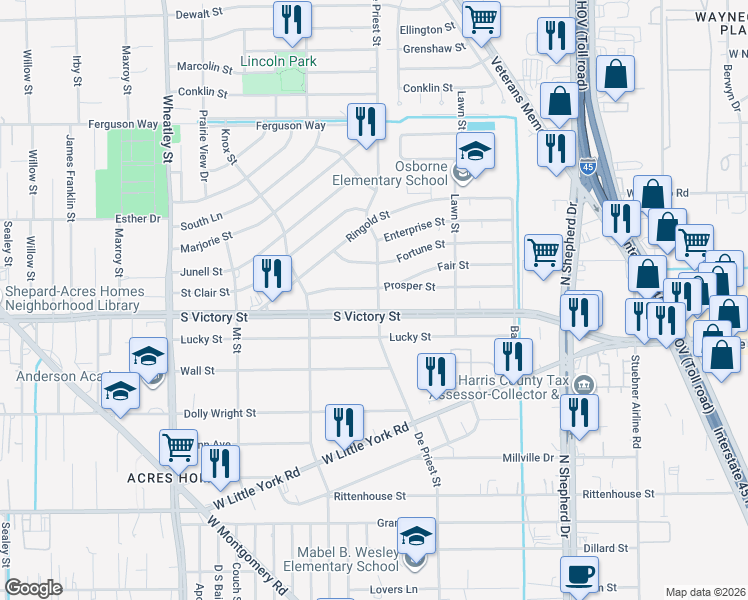 map of restaurants, bars, coffee shops, grocery stores, and more near 870 North Victory Drive in Houston