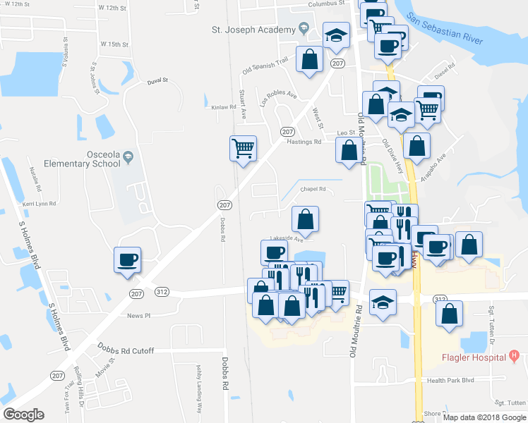 map of restaurants, bars, coffee shops, grocery stores, and more near 311 Las Olas Road in Saint Augustine