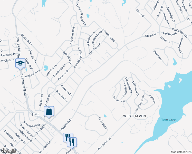 map of restaurants, bars, coffee shops, grocery stores, and more near 1313 Ensenada Drive in Canyon Lake