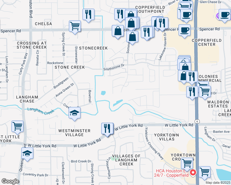 map of restaurants, bars, coffee shops, grocery stores, and more near 6502 Pilotbird Lane in Houston