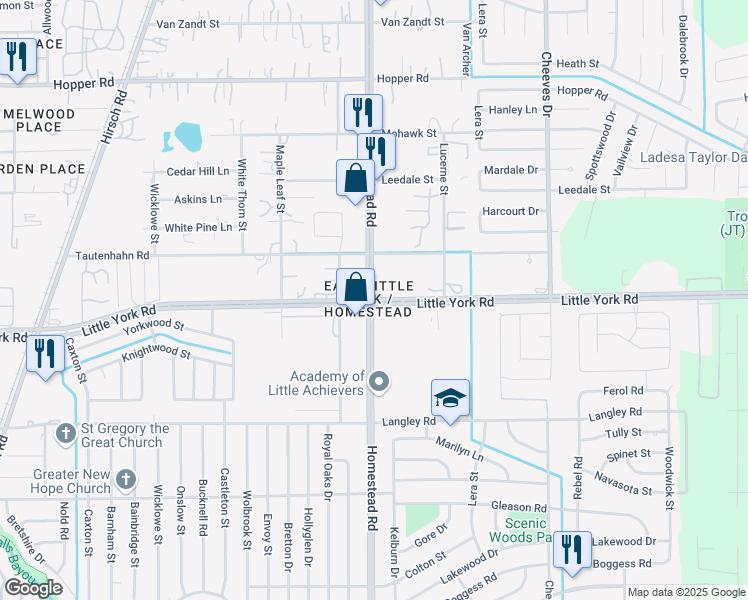 map of restaurants, bars, coffee shops, grocery stores, and more near 6010 Little York Road in Houston