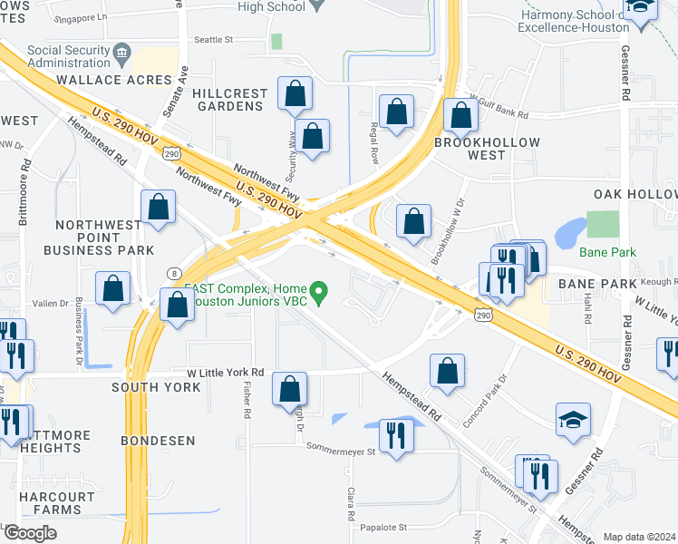 map of restaurants, bars, coffee shops, grocery stores, and more near 15501 Northwest Freeway in Jersey Village