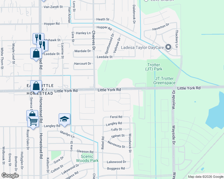 map of restaurants, bars, coffee shops, grocery stores, and more near 7615 Travis Park Lane in Houston