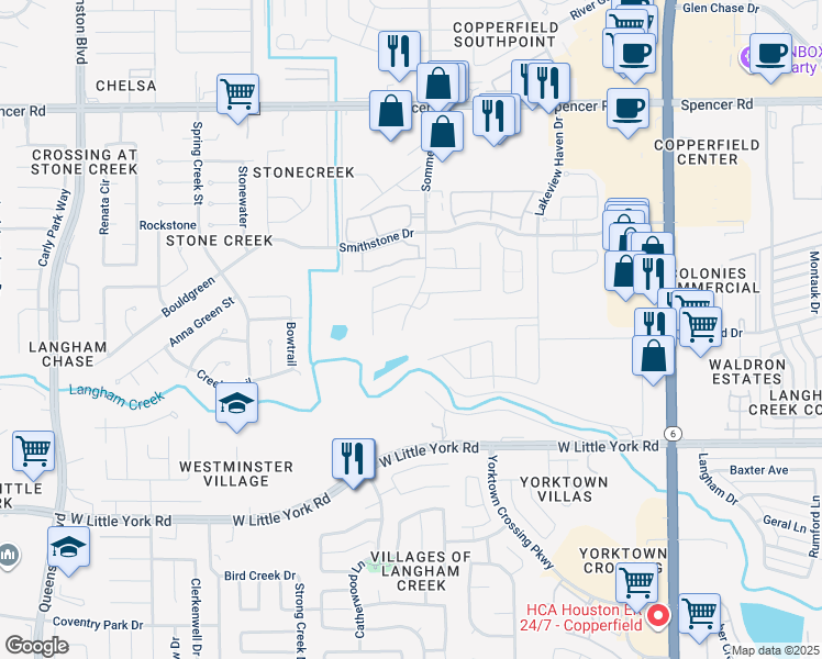 map of restaurants, bars, coffee shops, grocery stores, and more near 6506 Sommerall Drive in Houston