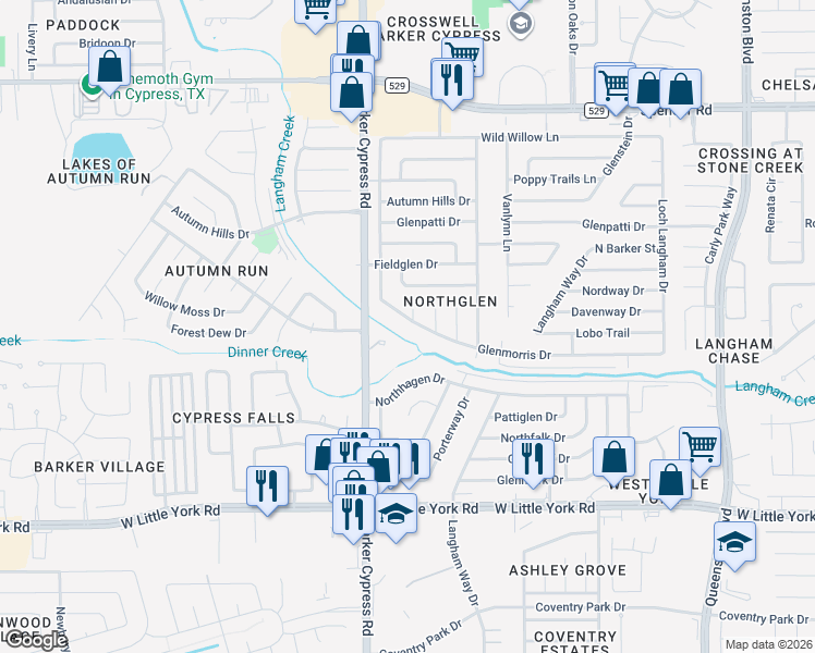 map of restaurants, bars, coffee shops, grocery stores, and more near 17823 Glenmorris Drive in Houston