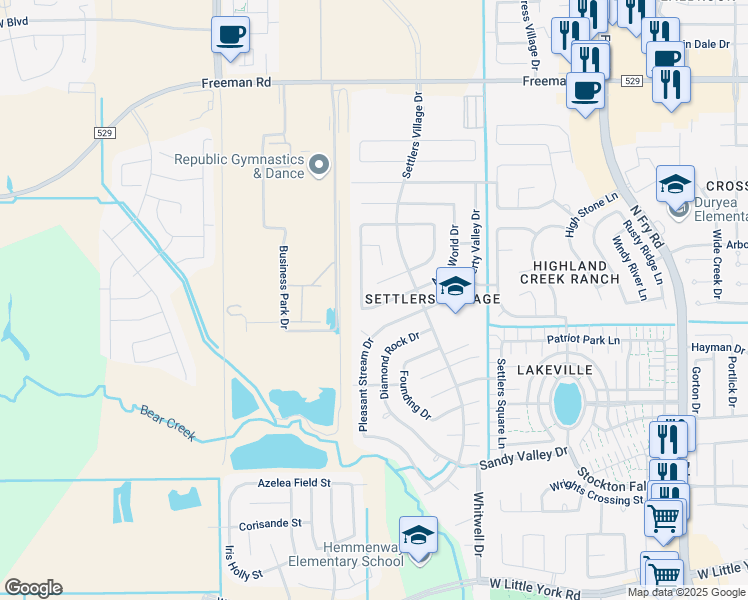 map of restaurants, bars, coffee shops, grocery stores, and more near 6402 New World Drive in Katy