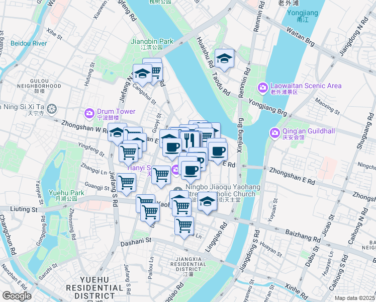 map of restaurants, bars, coffee shops, grocery stores, and more near Zhong Shan Dong Lu in Ning Bo Shi