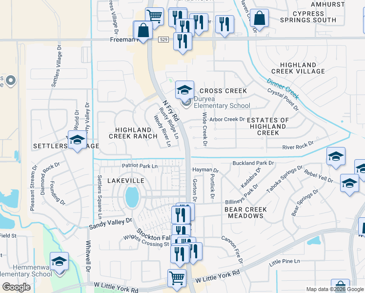 map of restaurants, bars, coffee shops, grocery stores, and more near 6606 Rusty Ridge Lane in Katy