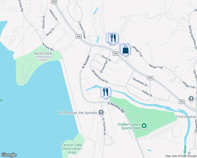 map of restaurants, bars, coffee shops, grocery stores, and more near 734 Whippoorwill Drive in Canyon Lake