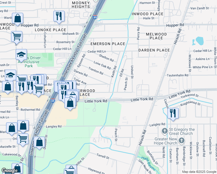 map of restaurants, bars, coffee shops, grocery stores, and more near 4422 Littlecrest Road in Houston