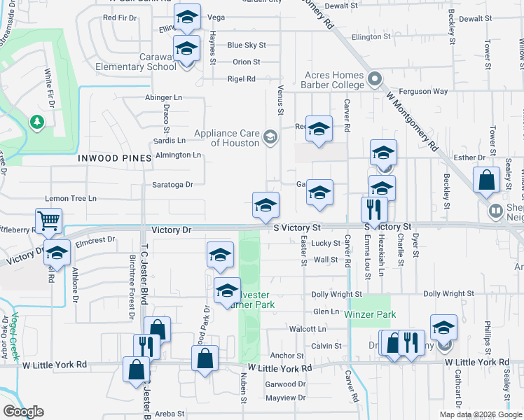 map of restaurants, bars, coffee shops, grocery stores, and more near 7832 Sunnyhill Street in Houston