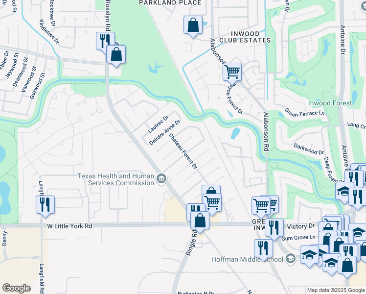map of restaurants, bars, coffee shops, grocery stores, and more near 6415 Silver Chalice Drive in Houston