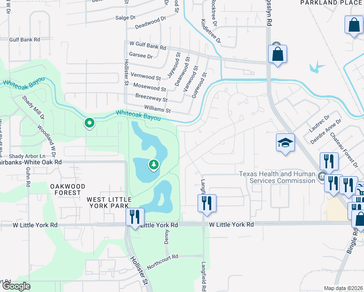 map of restaurants, bars, coffee shops, grocery stores, and more near 8903 Langfield Rd in Houston