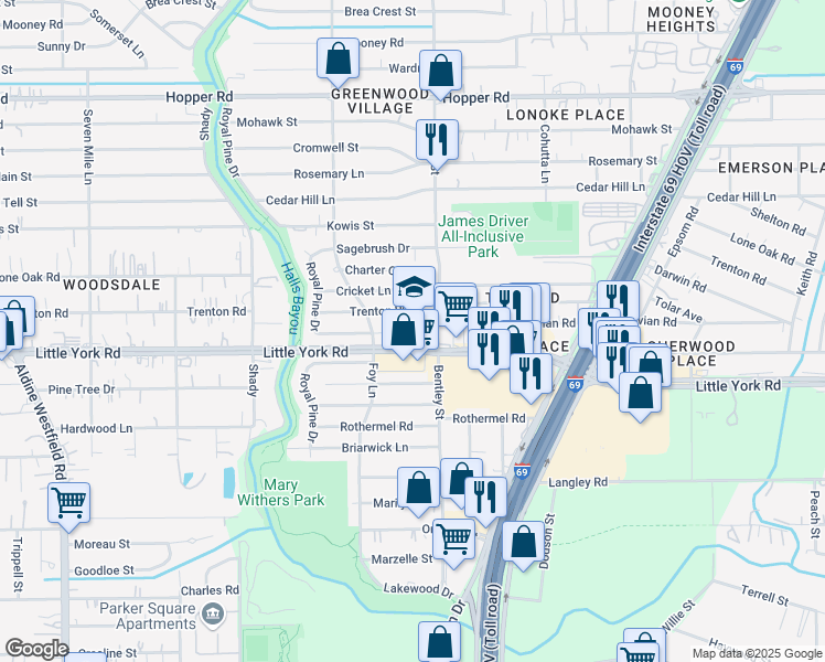 map of restaurants, bars, coffee shops, grocery stores, and more near 3021 Little York Road in Houston