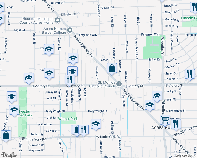 map of restaurants, bars, coffee shops, grocery stores, and more near 7705 Beckley Street in Houston