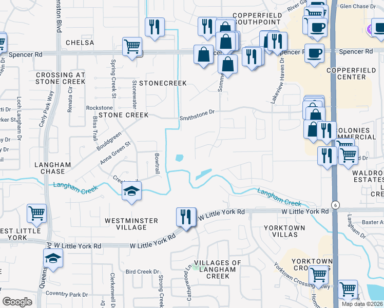 map of restaurants, bars, coffee shops, grocery stores, and more near 6502 Pilotbird Lane in Houston
