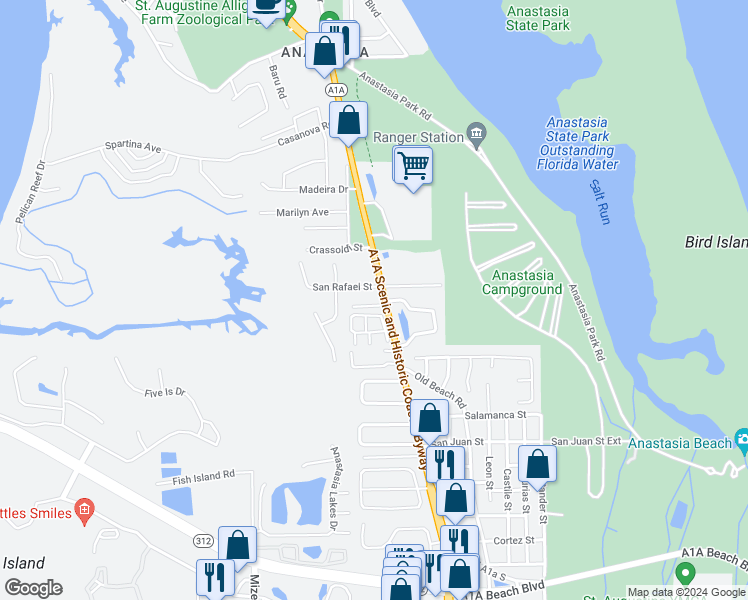 map of restaurants, bars, coffee shops, grocery stores, and more near 1555 A1A South in St. Augustine