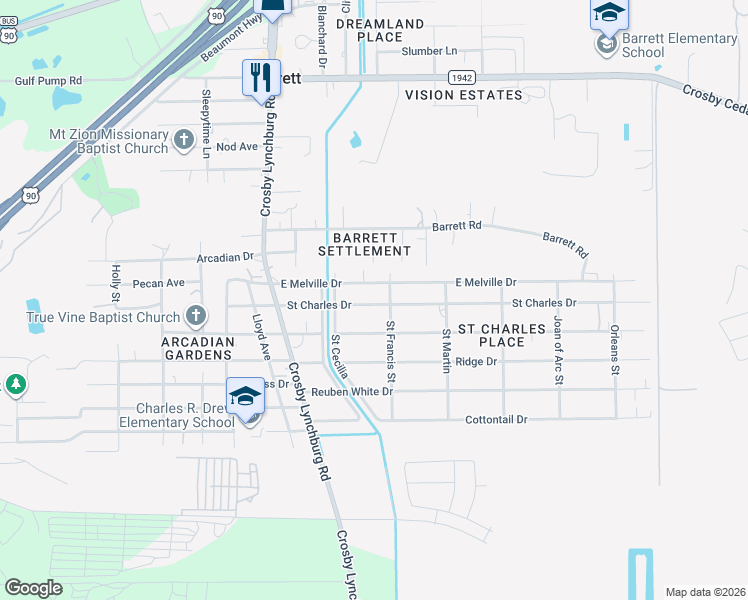 map of restaurants, bars, coffee shops, grocery stores, and more near 219 Zinn Drive in Crosby